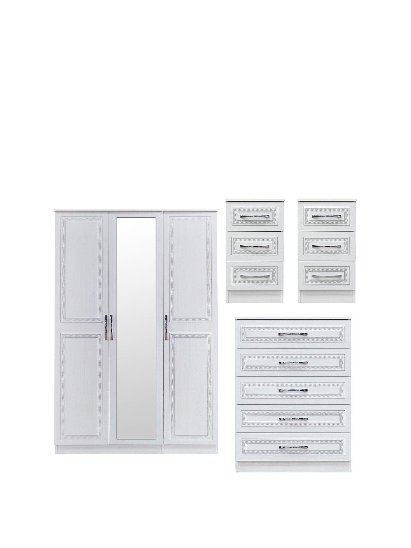 SWIFT Winchester Part Assembled 4 Piece Package - 3 Door Mirrored Wardrobe, Chest of 5 Drawers and 2 Bedside Chests - FSC® Certified