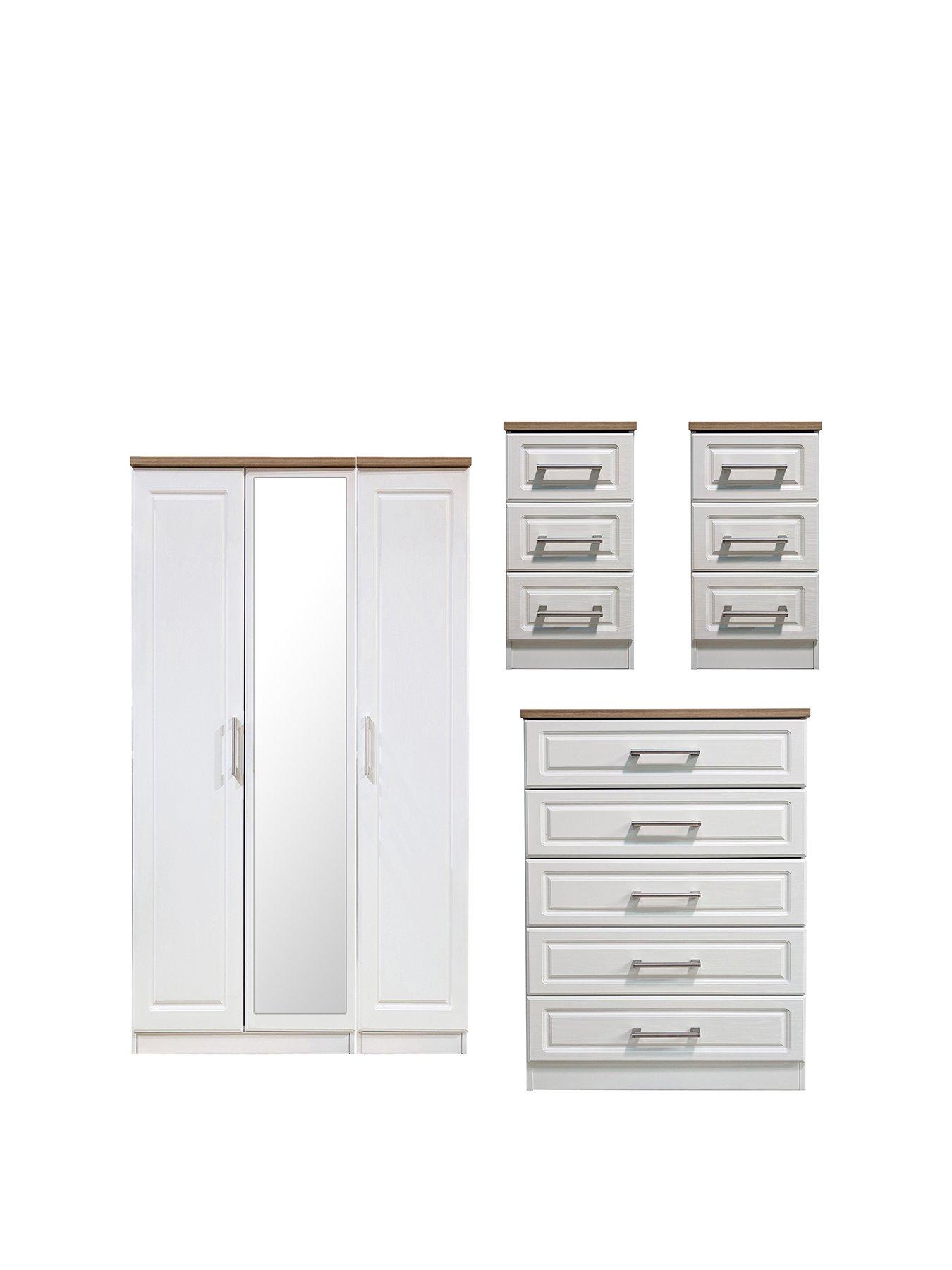 SWIFT Regent Part Assembled 4 Piece Package - 3 Door Mirrored Wardrobe, 5 Drawer Chest and 2 Bedside Chests - FSC® Certified