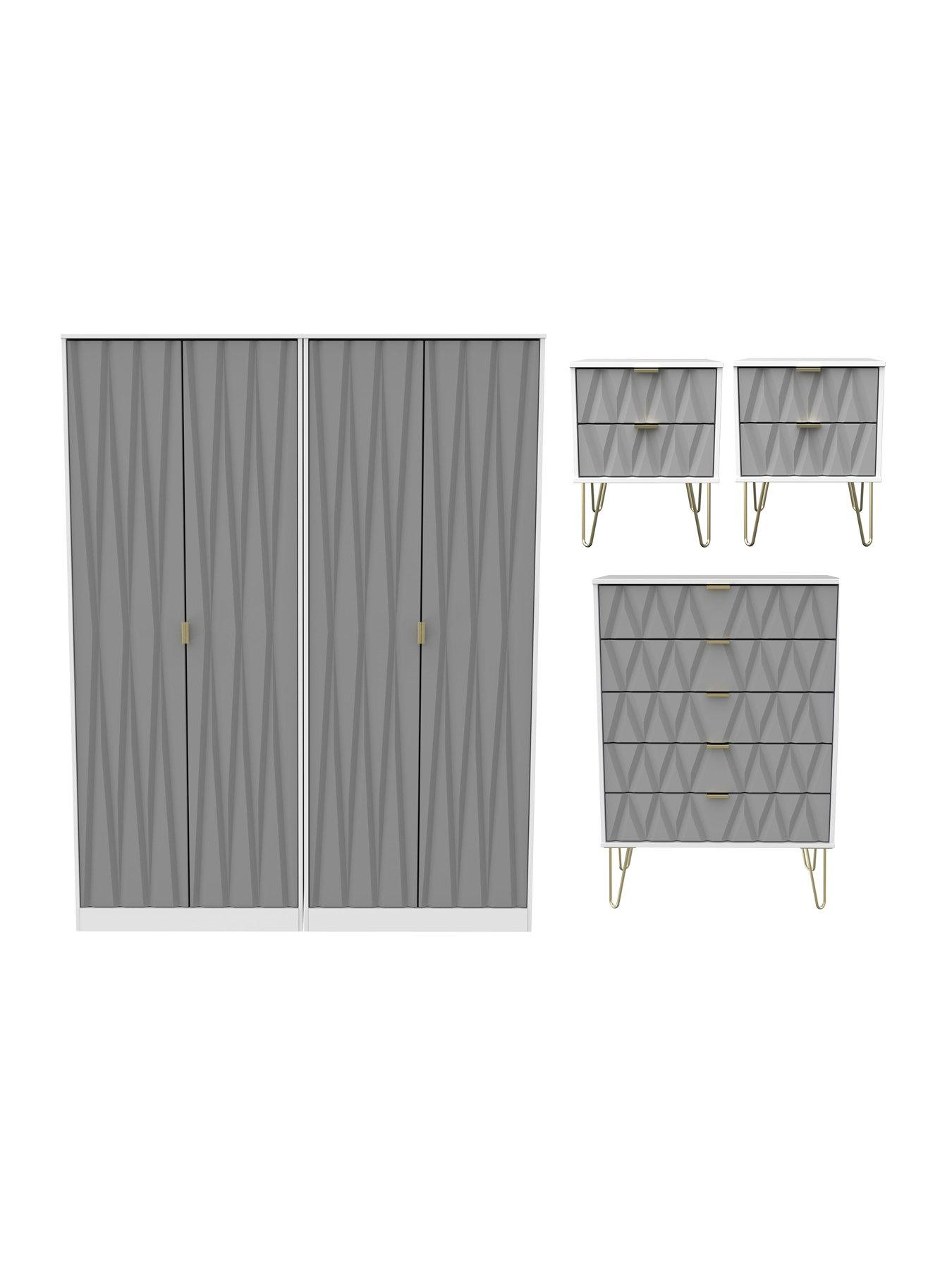 undefined Versailles Part Assembled 4 Piece Package - 4 Door Wardrobe, 5 Drawer Chest and 2 Bedside Chests - FSC® Certified