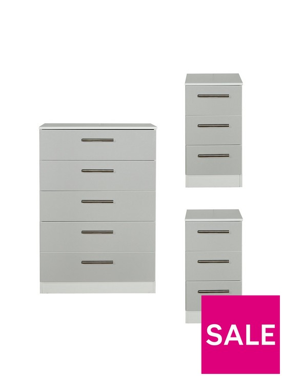 front image of swift-montreal-gloss-3-piece-ready-assembled-package-5-drawer-chest-and-2-bedside-chests