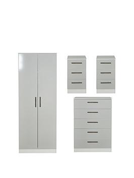 Product photograph of Swift Montreal Gloss Ready Assembled 4 Piece Package - 2 Door Mirrored Wardrobe 5 Drawer Chest And 2 Bedside Chests - Fsc Reg Certified from very.co.uk