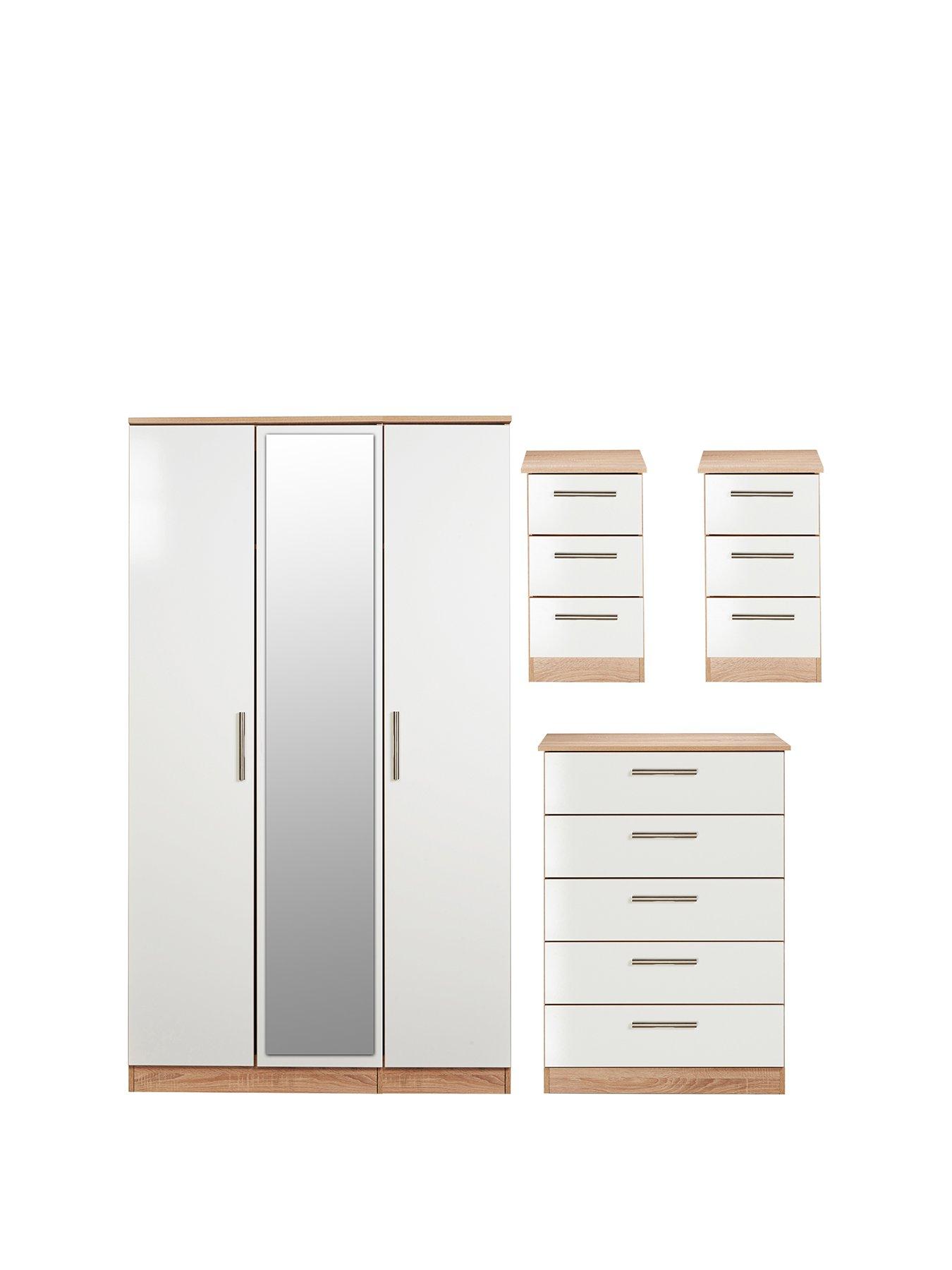 undefined Montreal Ready Assembled 4 Piece Package - 3 Door Mirrored Wardrobe, 5 Drawer Chest and 2 Bedside Chests - FSC® Certified