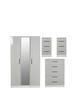 Product photograph of Swift Montreal Gloss Ready Assembled 4 Piece Package - 3 Door Mirrored Wardrobe 5 Drawer Chest And 2 Bedside Chests - Fsc Reg Certified from very.co.uk