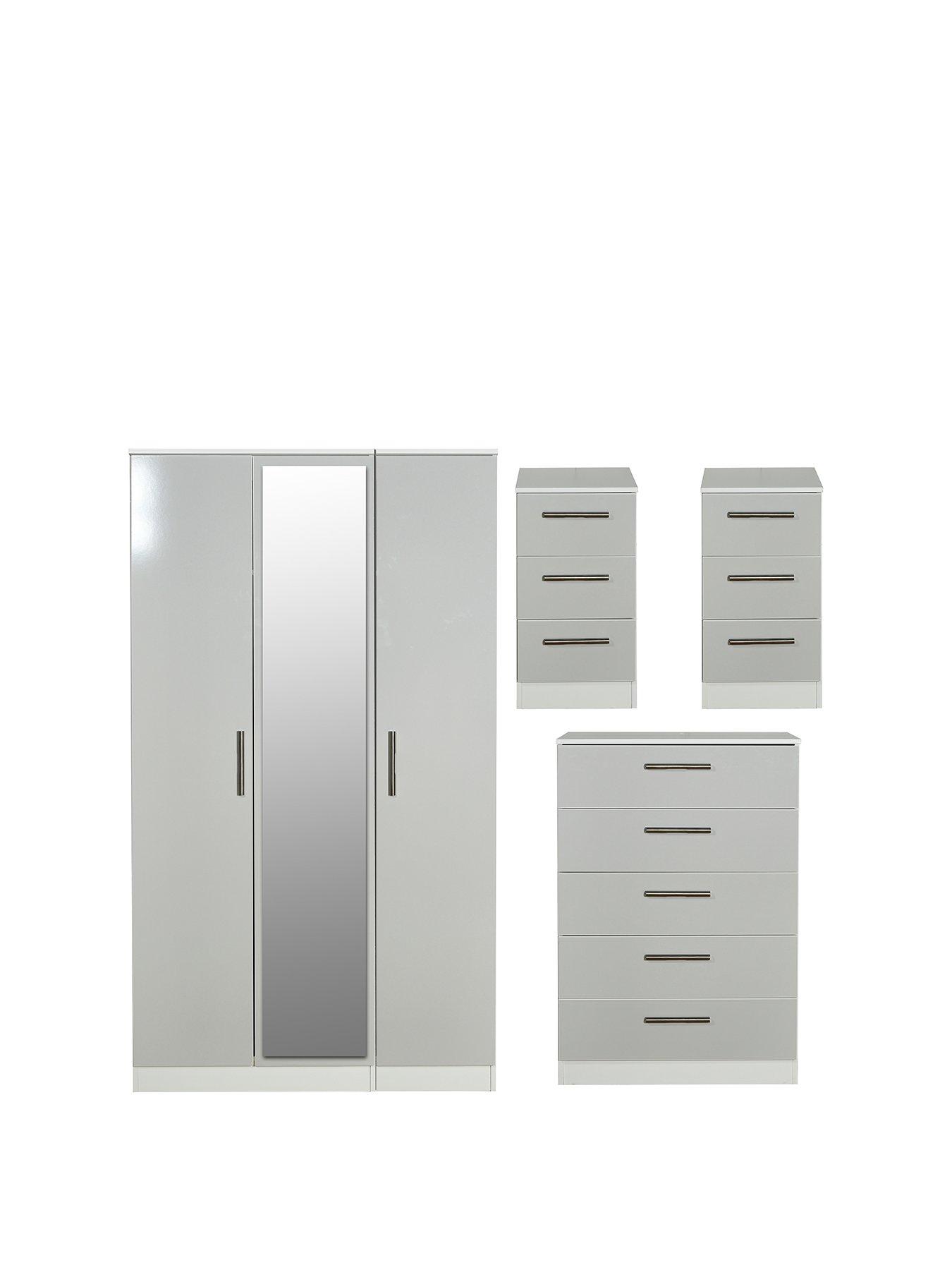 undefined Montreal Ready Assembled 4 Piece Package - 3 Door Mirrored Wardrobe, 5 Drawer Chest and 2 Bedside Chests - FSC® Certified