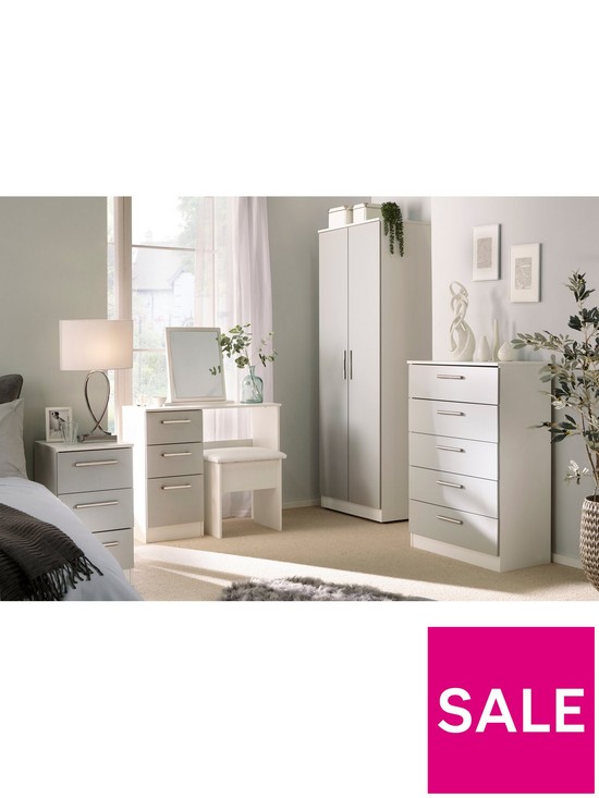 stillFront image of swift-montreal-gloss-ready-assembled-4-piece-package-3-door-mirrored-wardrobe-5-drawer-chest-and-2-bedside-chests