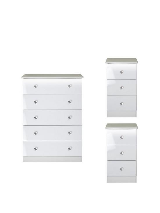 front image of swift-lumiere-ready-assembled-3-piece-package-5-drawer-chest-and-2-bedside-chests-with-lights