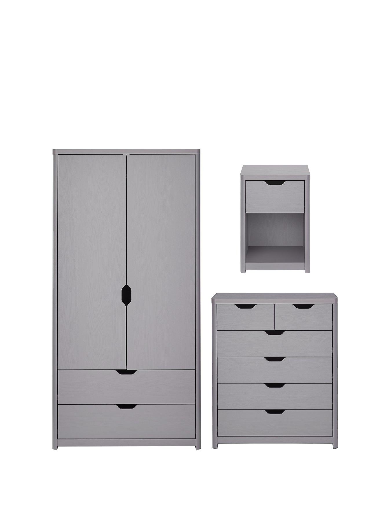 DRP Trading Bedroom Furniture Set Walnut Effect 5 Drawer Slim Tall Boy Chest & 2 Draw Bedside Cabinet Wardrobe 