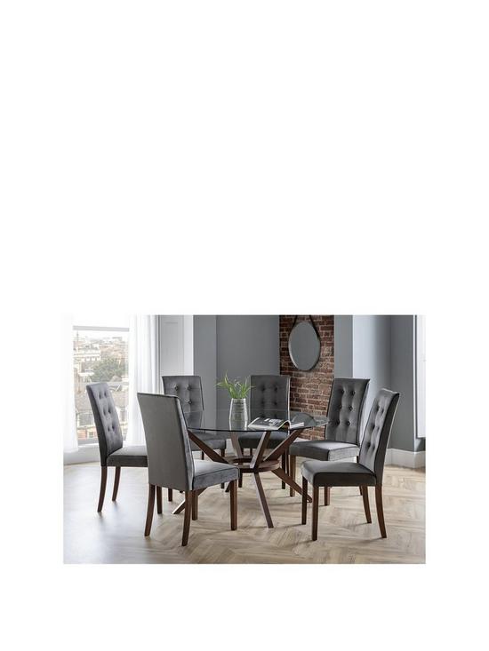 front image of julian-bowen-chelsea-140-cm-round-glass-dining-table-6-madrid-chairs