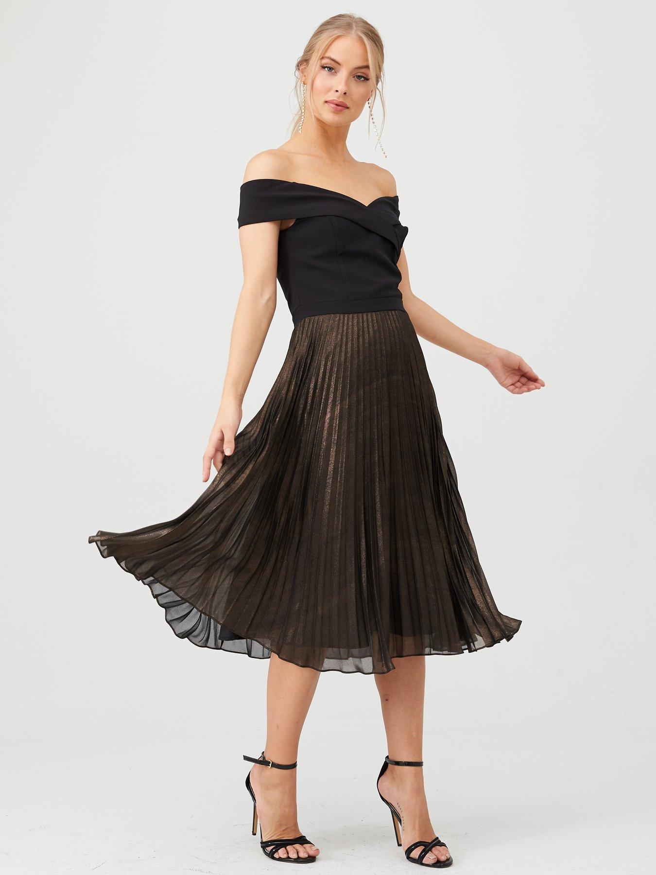 oasis multi black metallic bardot pleat midi dress