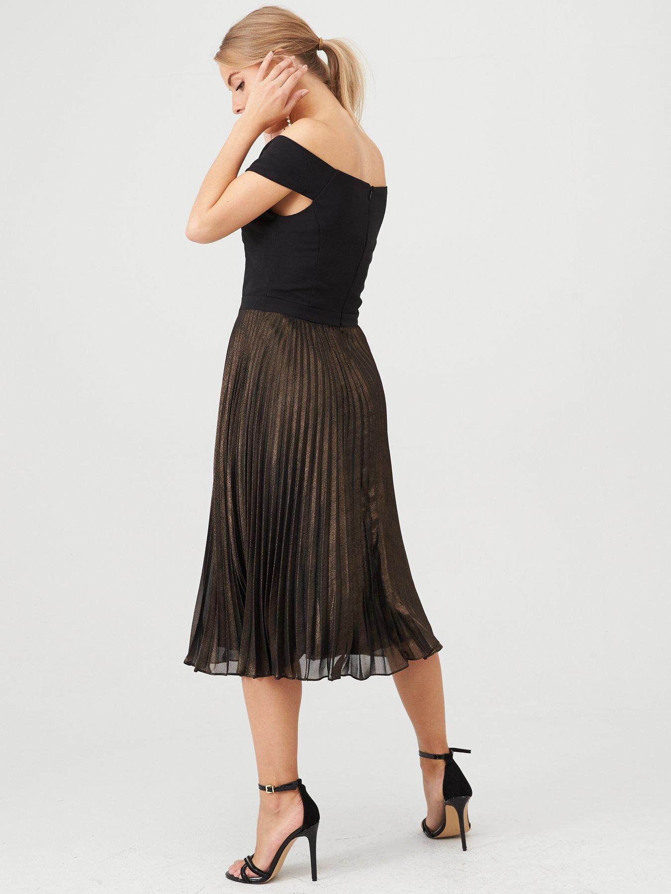 oasis multi black metallic bardot pleat midi dress