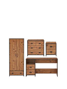 Product photograph of Very Home Jackson 4 Piece Package - Kids 2 Door 1 Drawer Wardrobe 2 2 Drawer Chest 2 Drawer Bedside Chest And Desk - Rustic Pine Effect from very.co.uk