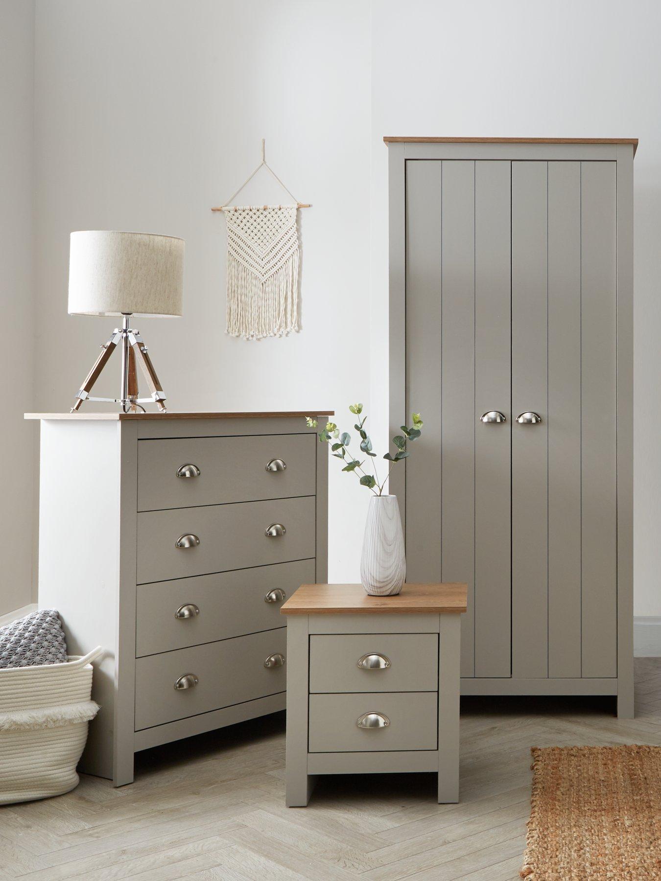 Very Home Atlanta 3 Piece Package - 2 Door Wardrobe, 4 Drawer Chest and 2 Drawer Bedside Chest - Grey/Oak