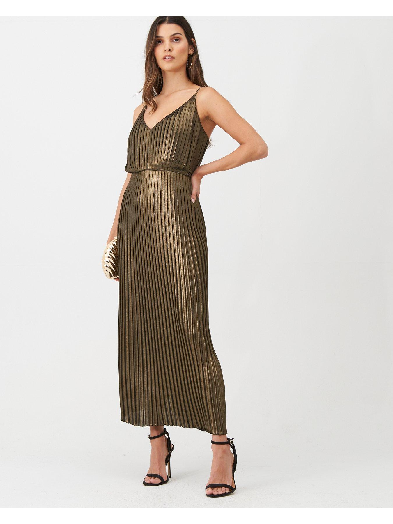 warehouse yellow pleated midi dress