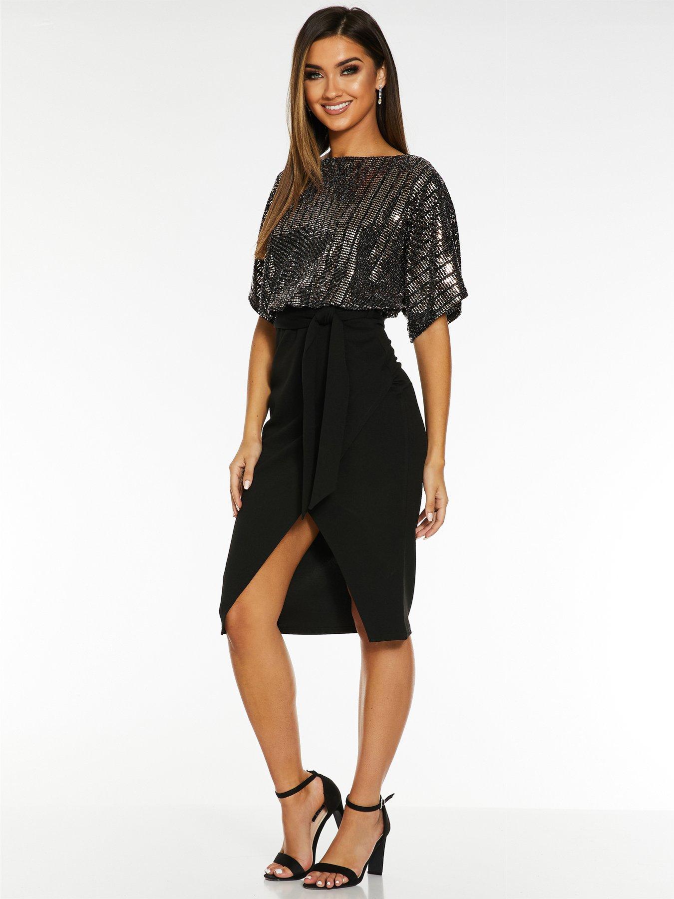 quiz black batwing belted dress