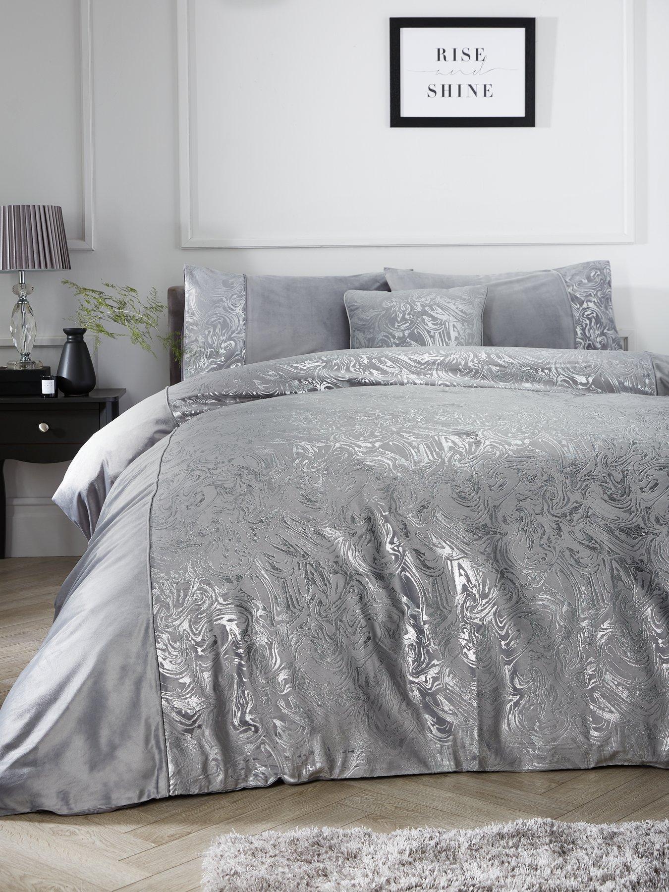 Product photograph of Alexis Marble Foil And Velvet Duvet Cover Set - Silver from very.co.uk