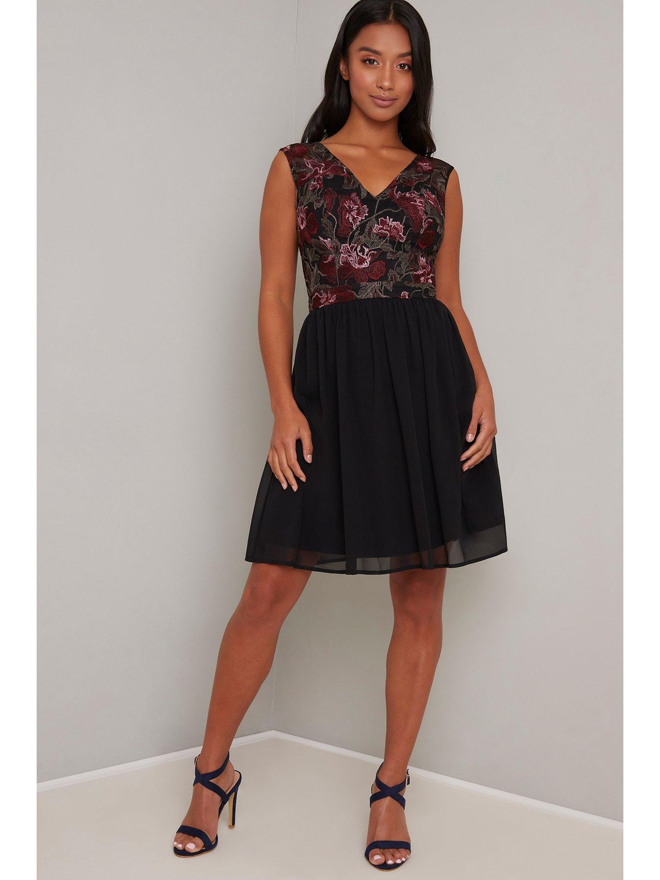 chi chi london lace pencil dress with v neck in black