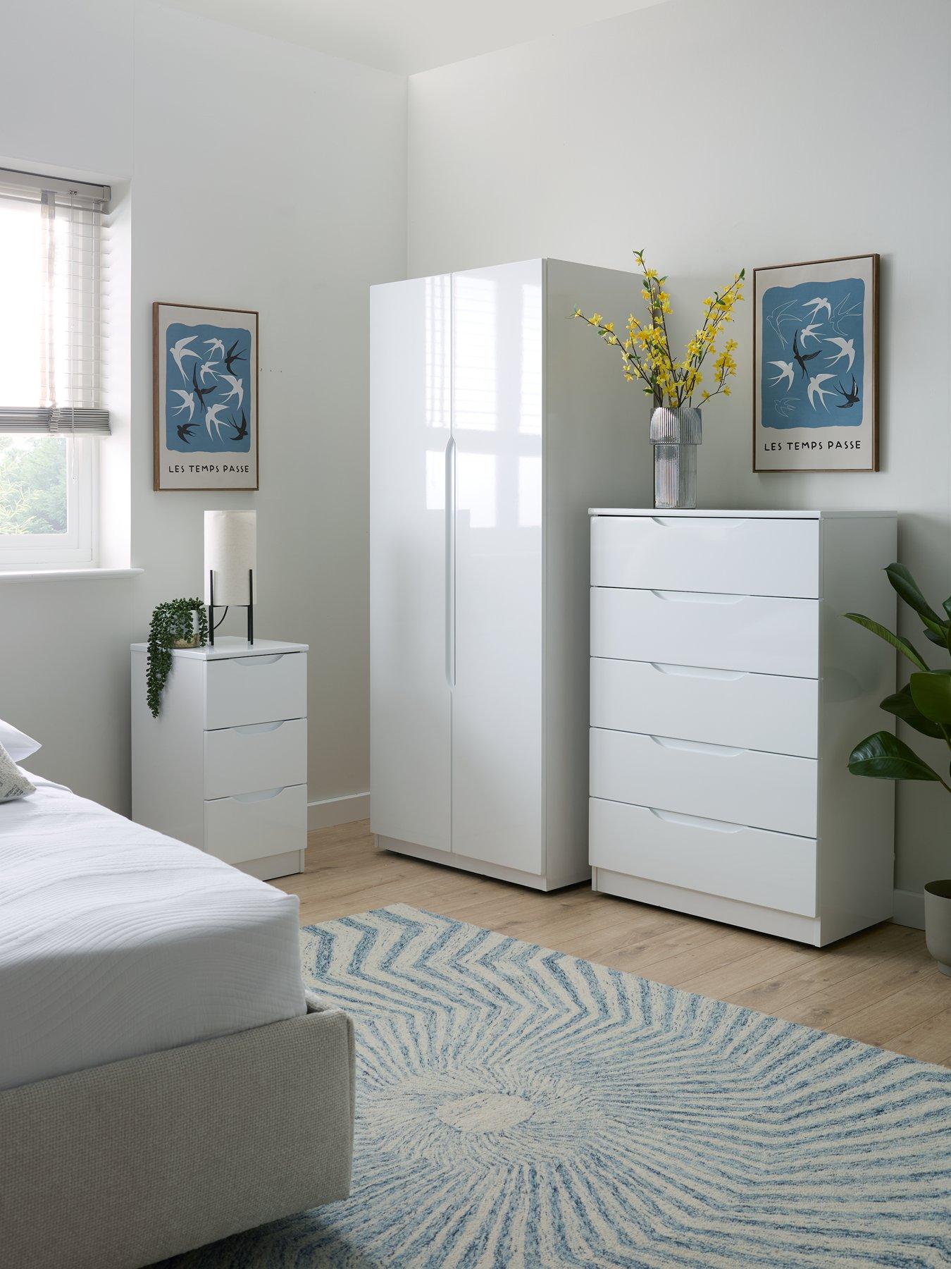 undefined Monaco Ready Assembled 4 Piece Gloss Package - 2 Door Mirrored Wardrobe, 5 Drawer Chest and 2 Bedside Chests - Express Delivery available