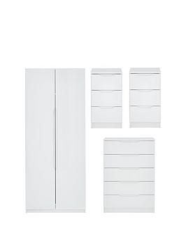 Product photograph of One Call Monaco Ready Assembled 4 Piece Gloss Package - 2 Door Mirrored Wardrobe 5 Drawer Chest And 2 Bedside Chests from very.co.uk
