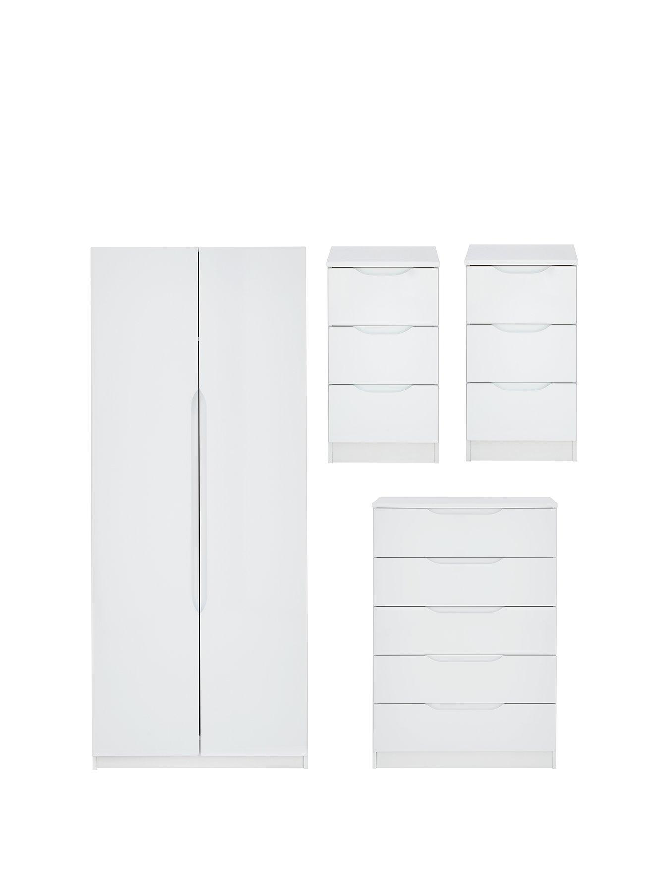 undefined Monaco Ready Assembled 4 Piece Gloss Package - 2 Door Mirrored Wardrobe, 5 Drawer Chest and 2 Bedside Chests - Express Delivery available