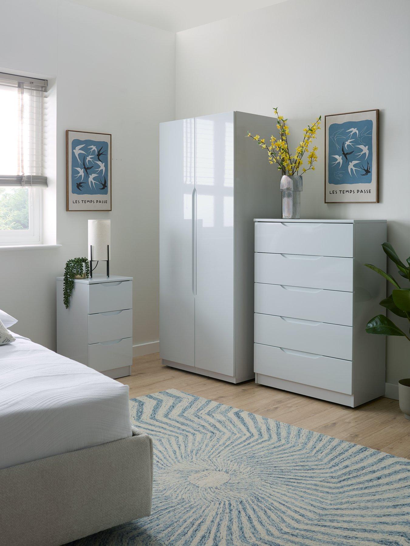 undefined Monaco Ready Assembled 4 Piece Gloss Package - 2 Door Mirrored Wardrobe, 5 Drawer Chest and 2 Bedside Chests - Express Delivery available