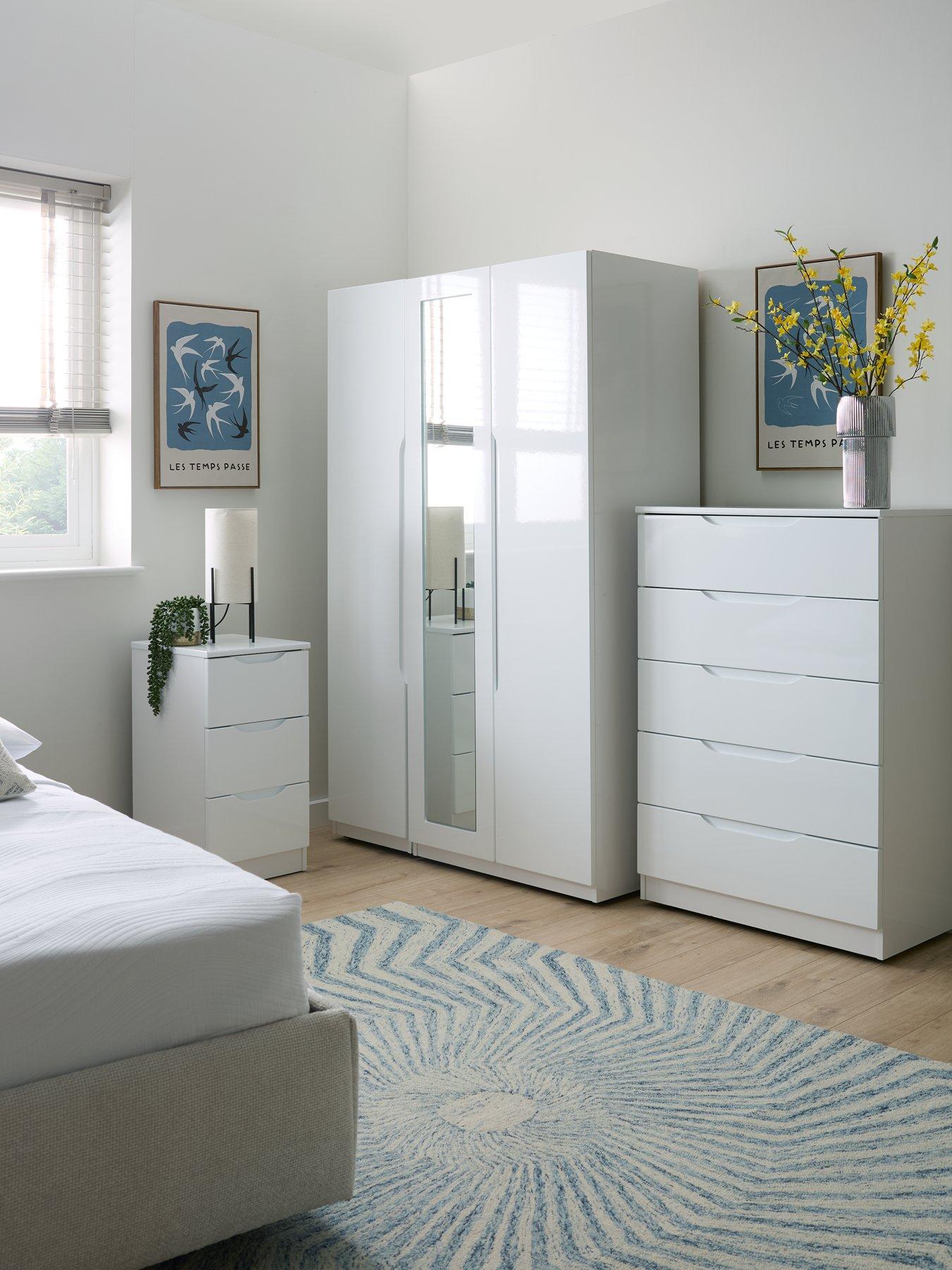 One Call Monaco Part Assembled 4 Piece Gloss Package - 3 Door Mirrored Wardrobe, 5 Drawer Chest and 2 Bedside Chests - Express Delivery available