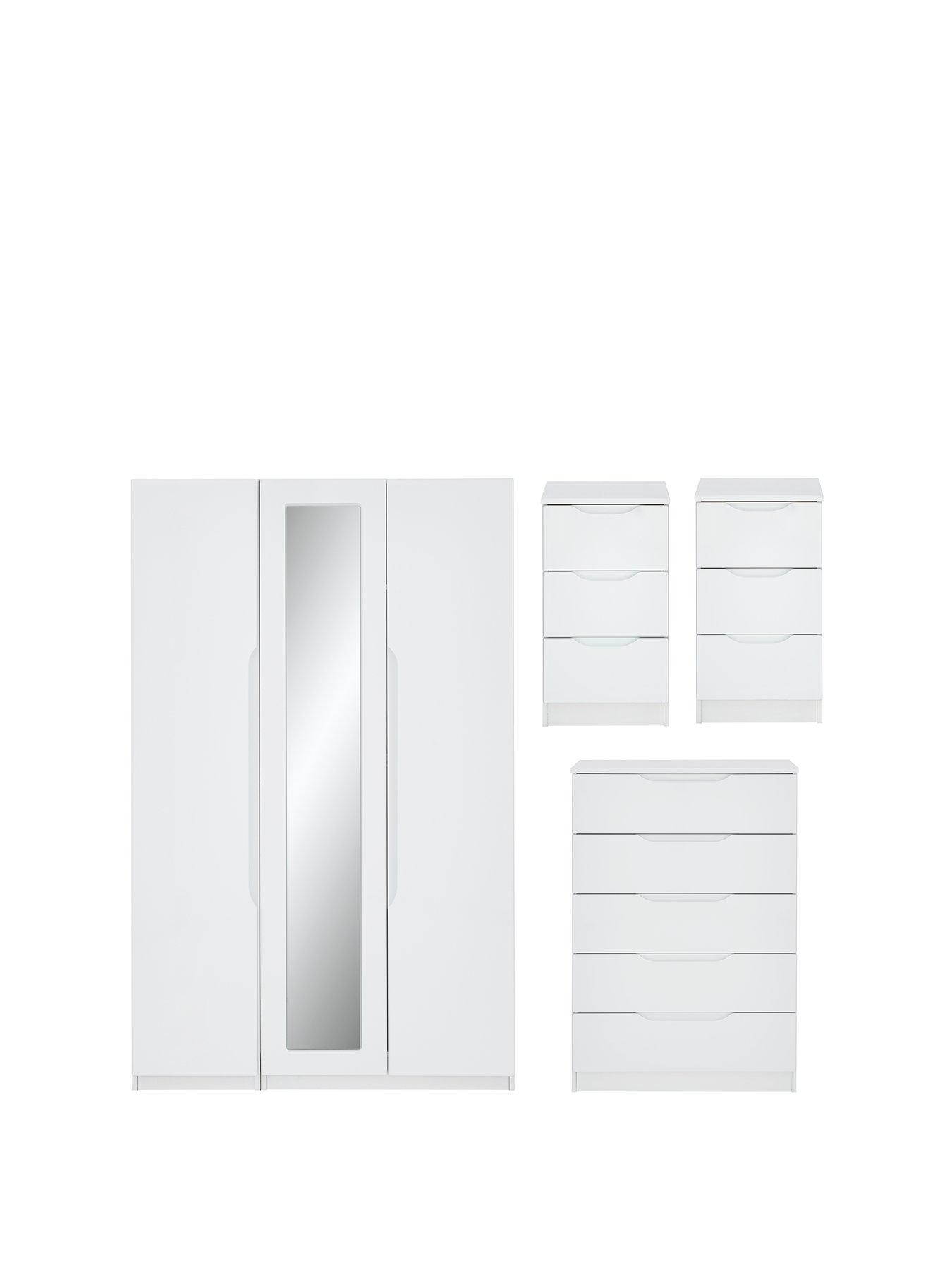 Product photograph of One Call Monaco Part Assembled 4 Piece Gloss Package - 3 Door Mirrored Wardrobe 5 Drawer Chest And 2 Bedside Chests - Express Delivery Available from very.co.uk