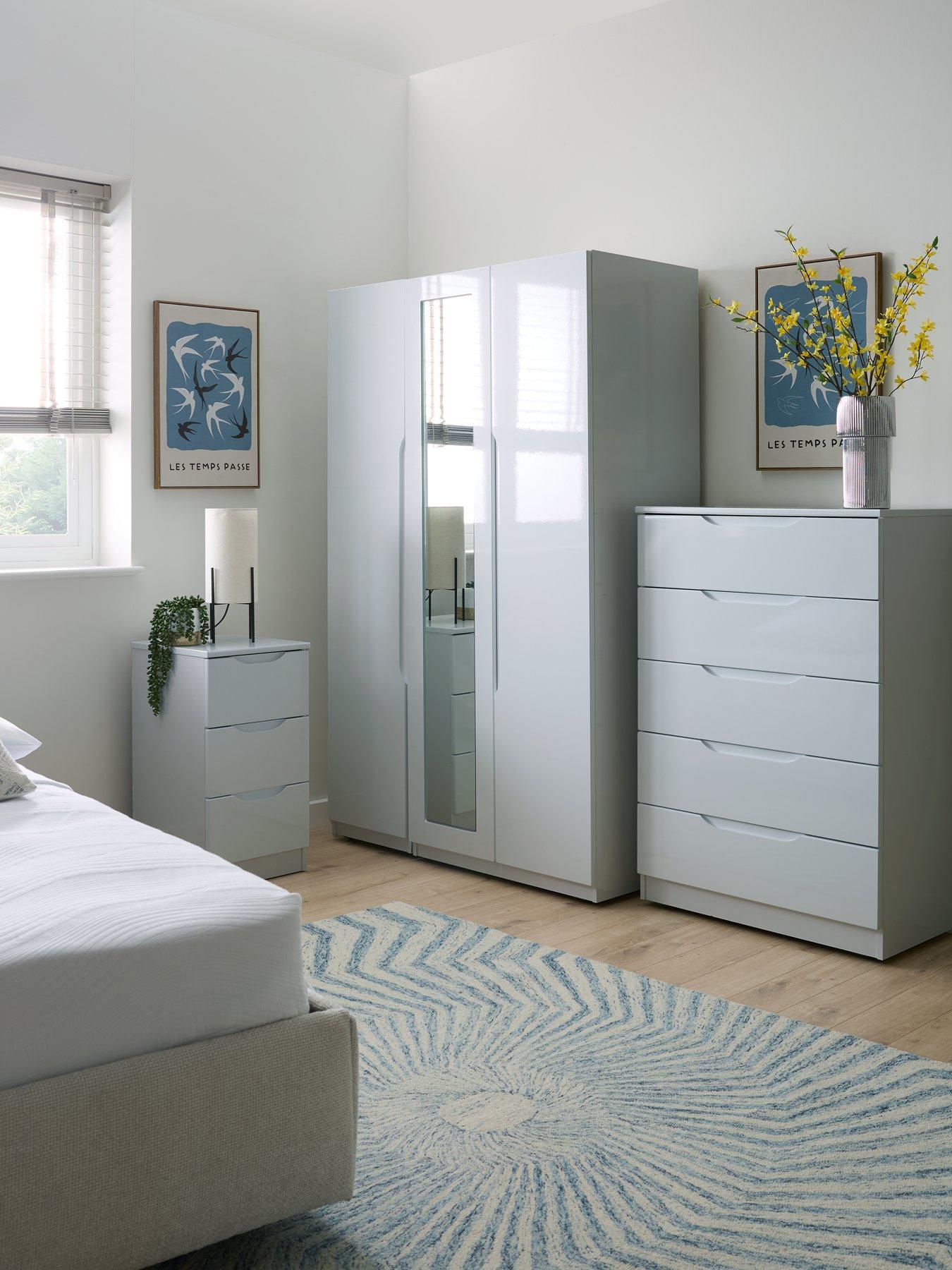 One Call Monaco Part Assembled 4 Piece Gloss Package - 3 Door Mirrored Wardrobe, 5 Drawer Chest and 2 Bedside Chests - Express Delivery available