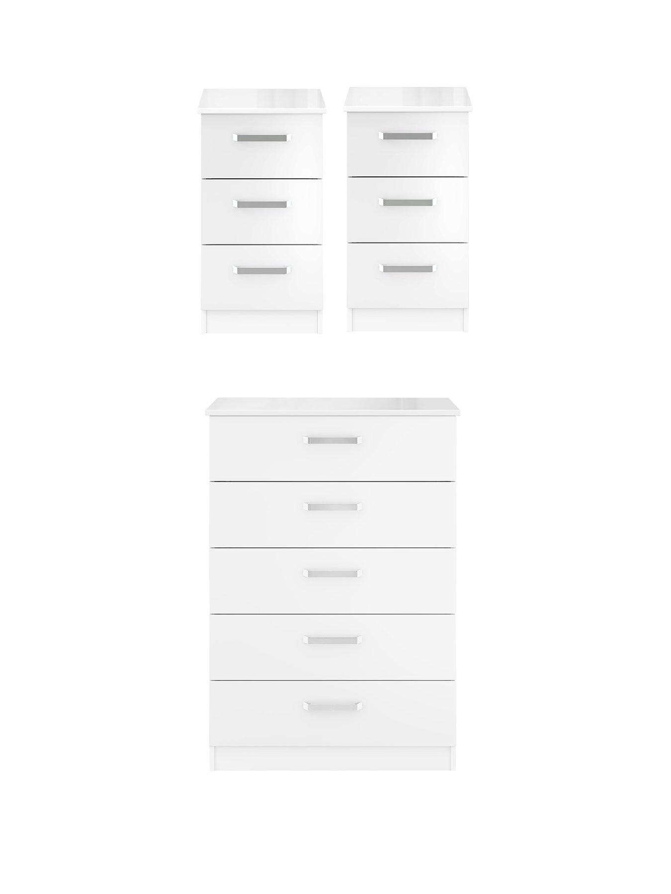 One Call Sanford High Gloss Ready Assembled 3 Piece Package - Chest of 5 Drawers and 2 Bedside Chests