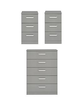 Product photograph of One Call Sanford High Gloss Ready Assembled 3 Piece Package - Chest Of 5 Drawers And 2 Bedside Chests from very.co.uk
