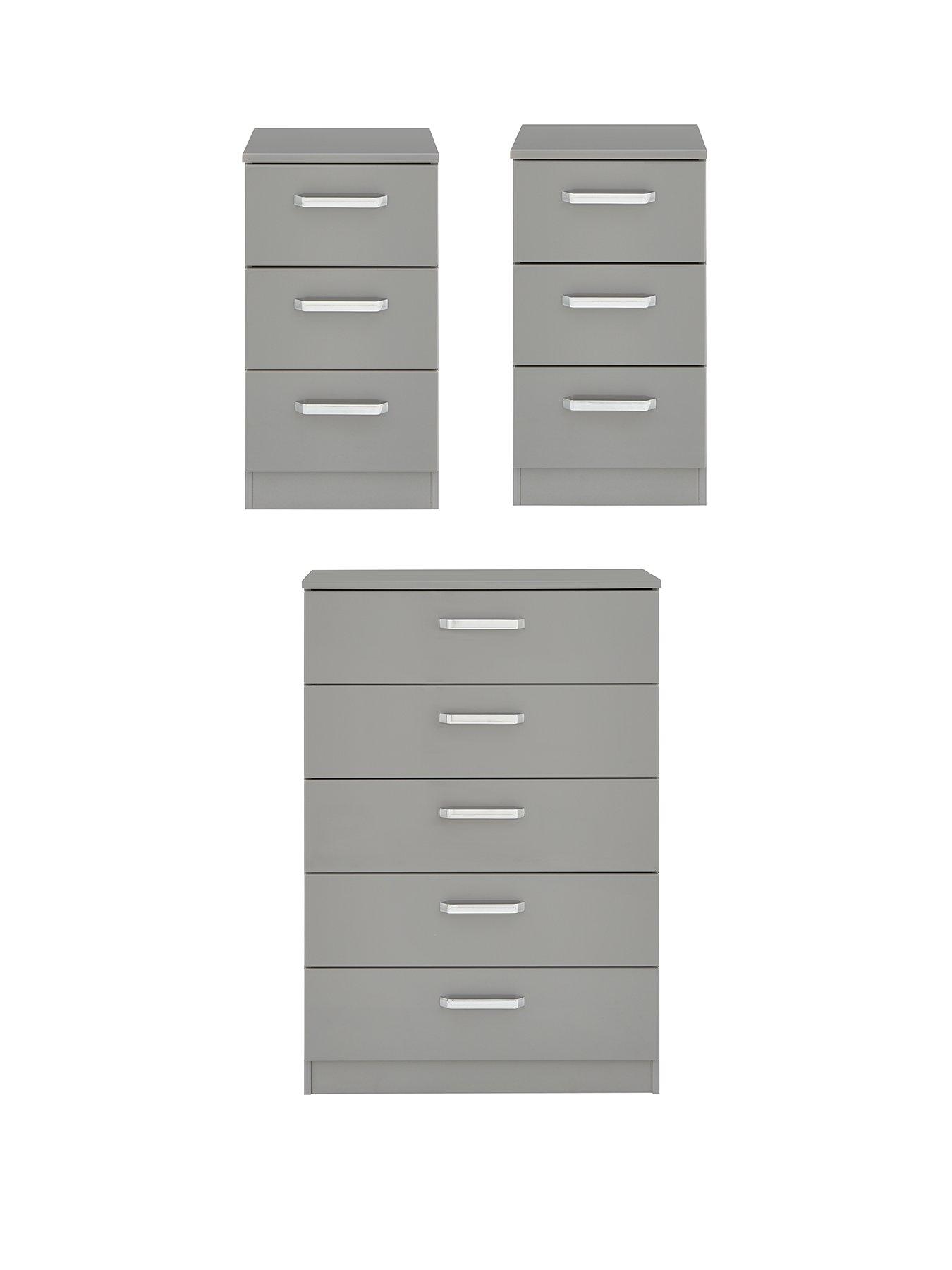 undefined Sanford High Gloss Ready Assembled 3 Piece Package - Chest of 5 Drawers and 2 Bedside Chests