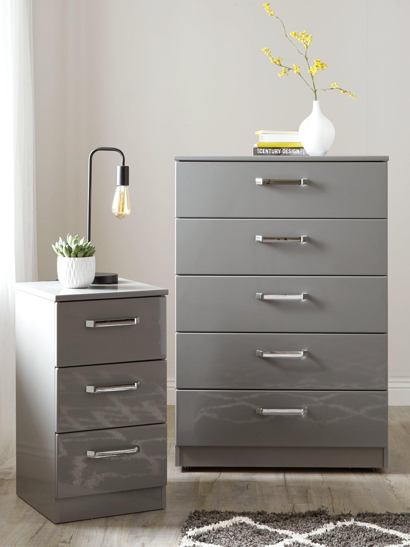 Image 2 of 6 of One Call Sanford High Gloss Ready Assembled 3 Piece Package - Chest of 5 Drawers and 2 Bedside Chests
