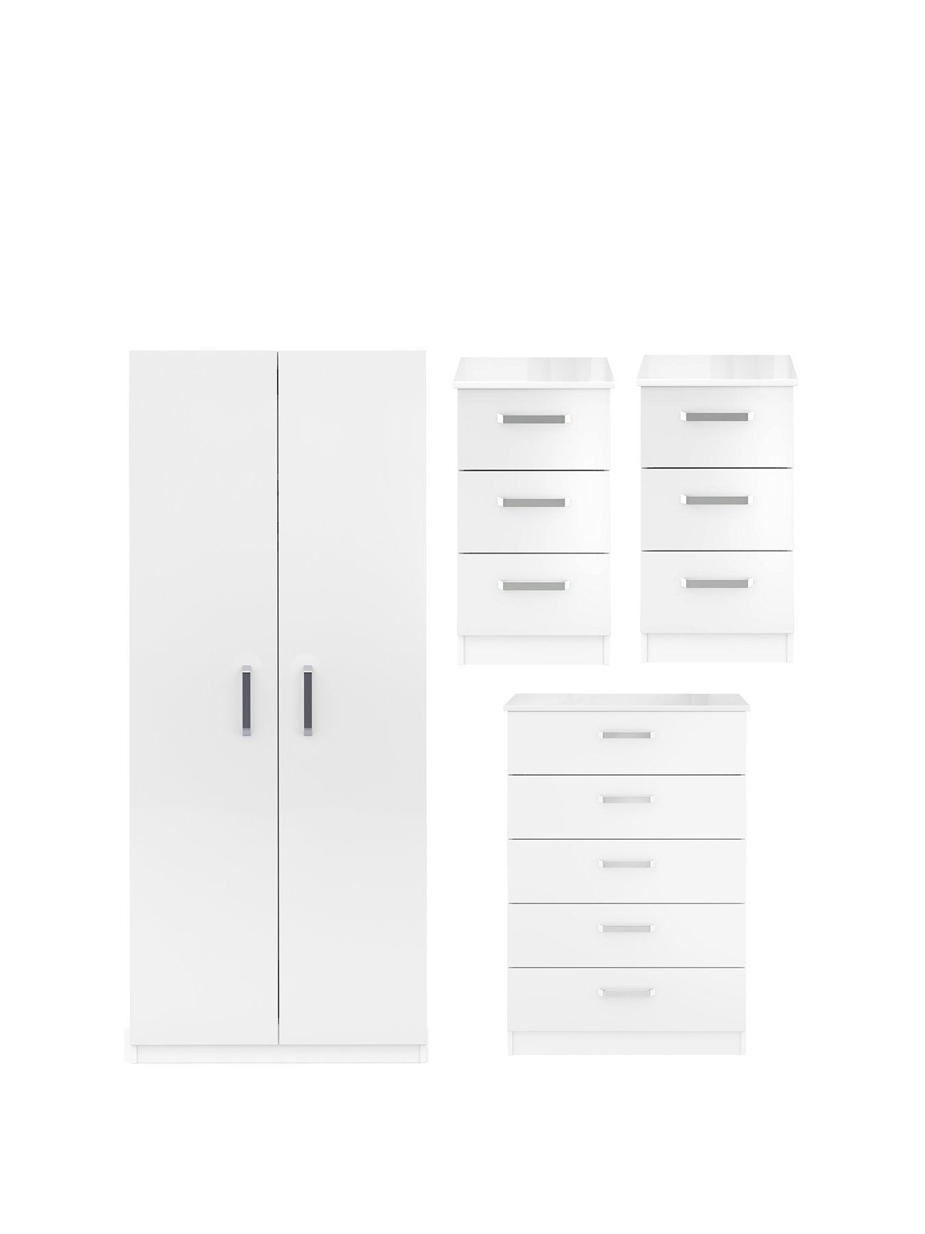 One Call Sanford High Gloss Ready Assembled 4 Piece Package - 2 Door Wardrobe, Chest of 5 Drawers and 2 Bedside Chests