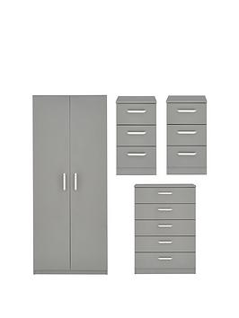 Product photograph of One Call Sanford High Gloss Ready Assembled 4 Piece Package - 2 Door Wardrobe Chest Of 5 Drawers And 2 Bedside Chests from very.co.uk