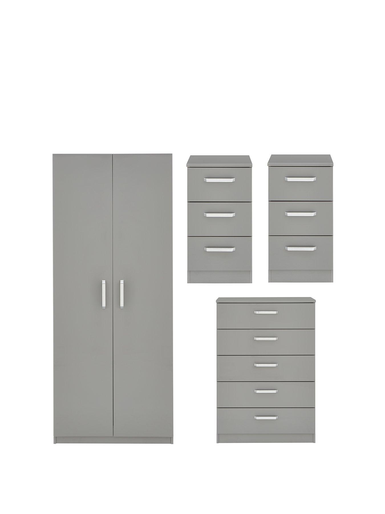 undefined Sanford High Gloss Ready Assembled 4 Piece Package - 2 Door Wardrobe, Chest of 5 Drawers and 2 Bedside Chests