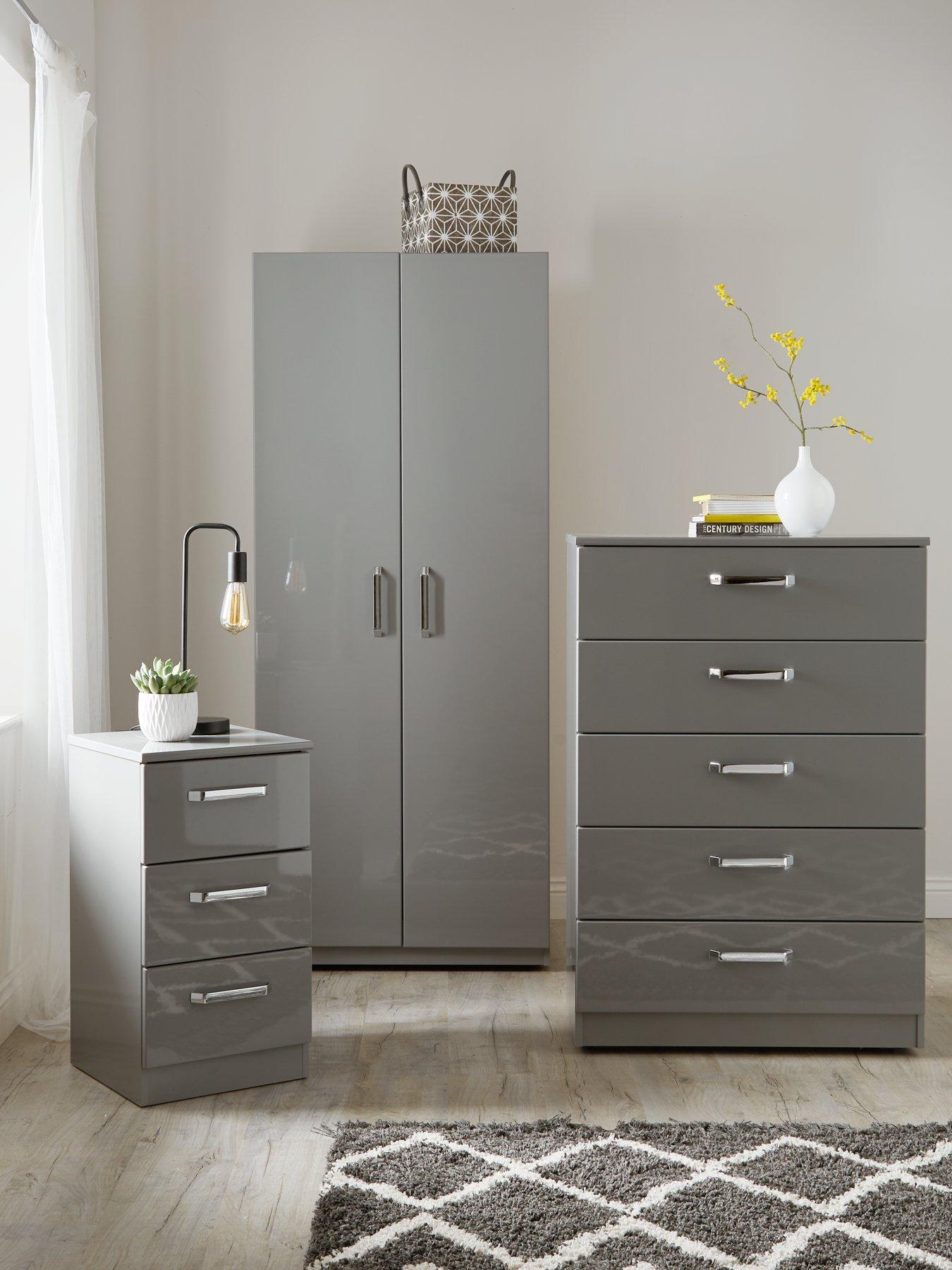 Image 2 of 6 of One Call Sanford High Gloss Ready Assembled 4 Piece Package - 2 Door Wardrobe, Chest of 5 Drawers and 2 Bedside Chests
