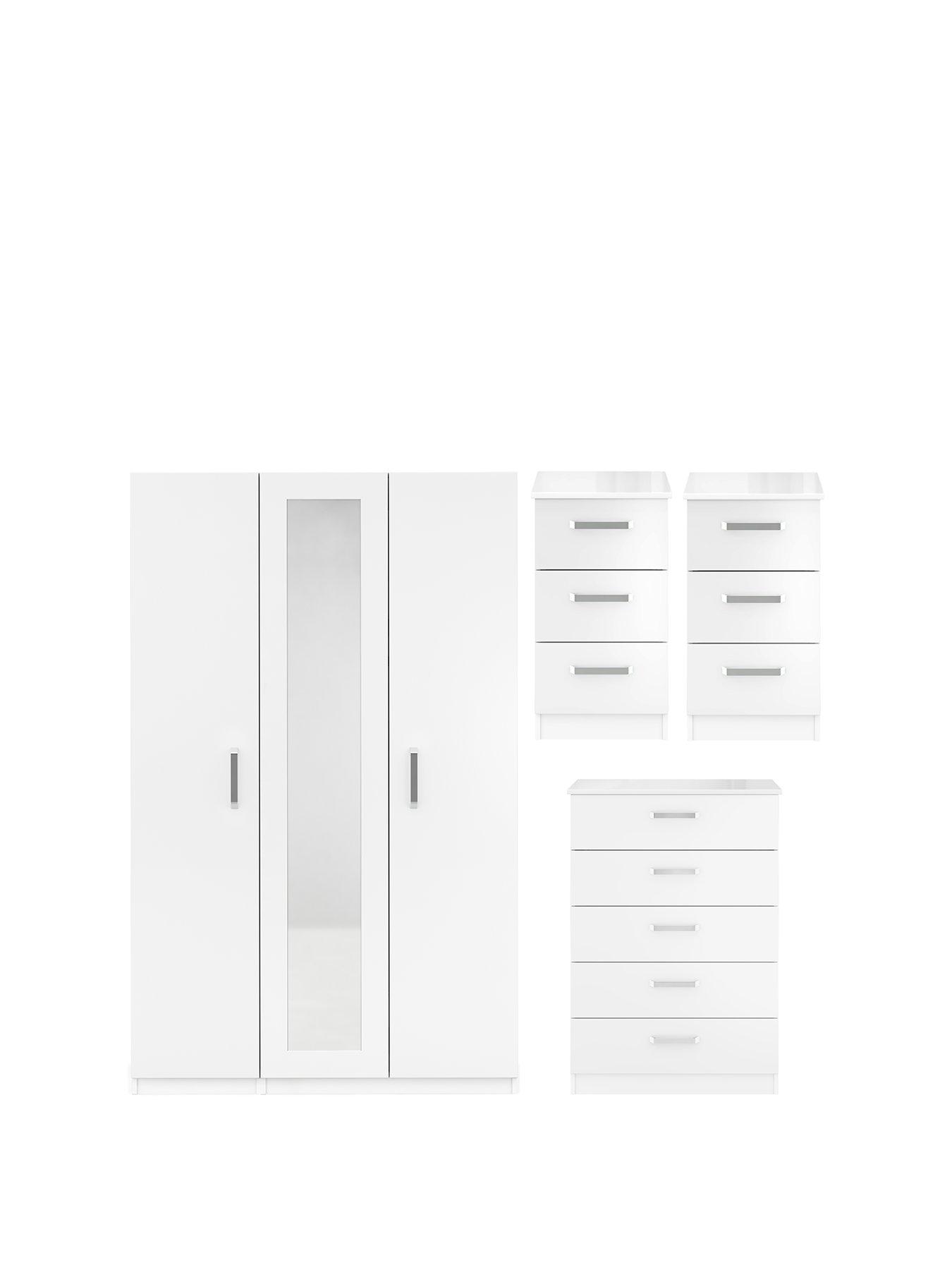 One Call Sanford Part Assembled High Gloss 4 Piece Package - 3 Door Mirrored Wardrobe, Chest of 5 Drawers and 2 Bedside Chests