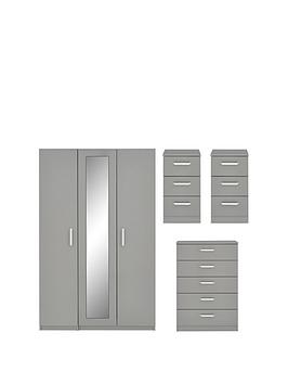 Product photograph of One Call Sanford Part Assembled High Gloss 4 Piece Package - 3 Door Mirrored Wardrobe Chest Of 5 Drawers And 2 Bedside Chests from very.co.uk