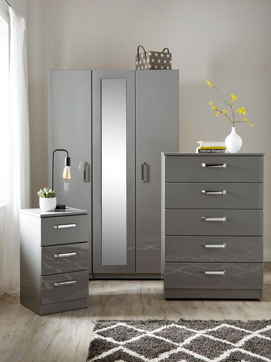 stillFront image of sanford-part-assemblednbsphigh-gloss-4-piece-package-3-door-mirrored-wardrobe-chest-of-5-drawers-and-2-bedside-chests