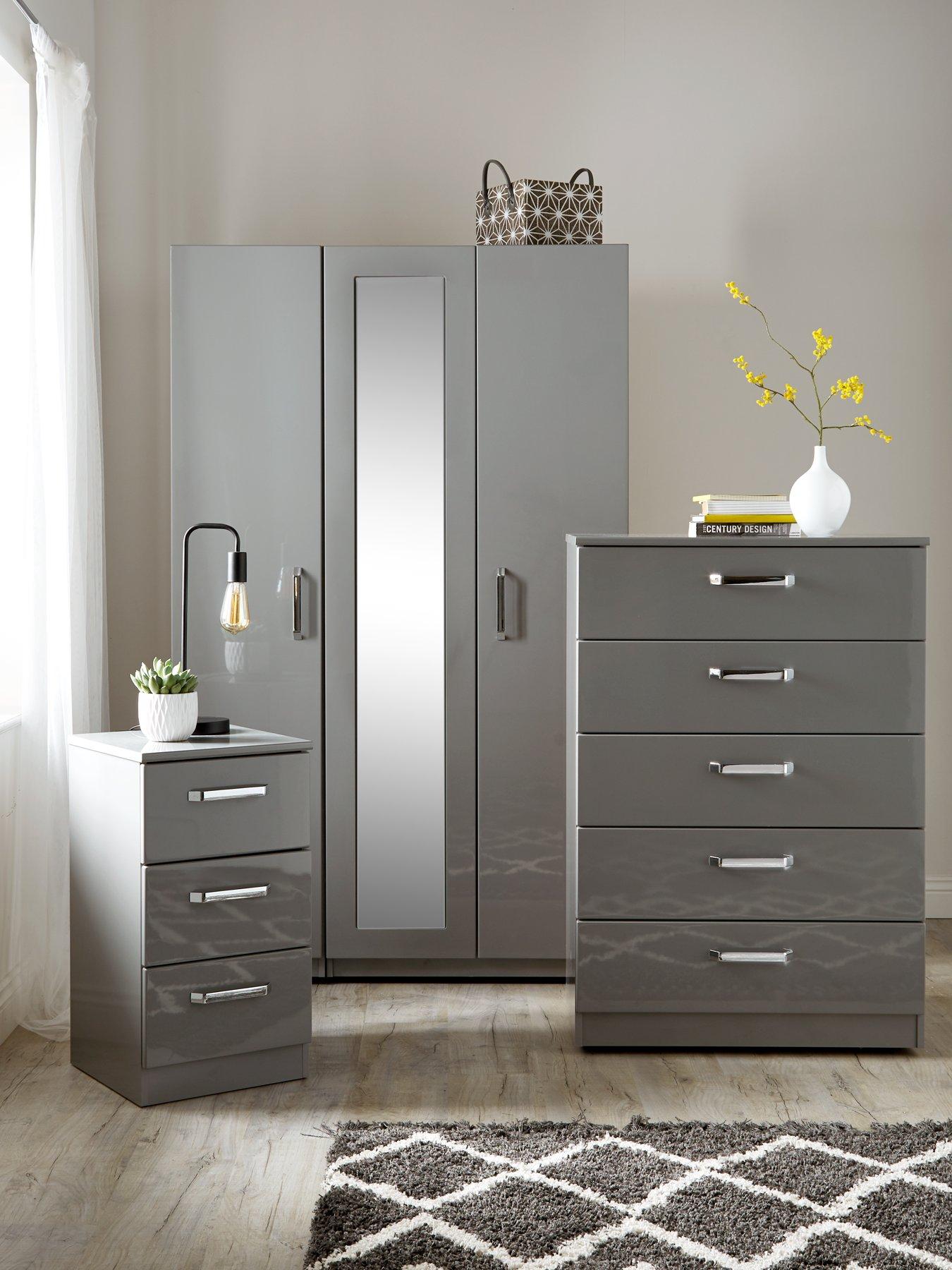 Image 2 of 6 of One Call Sanford Part Assembled&nbsp;High Gloss 4 Piece Package - 3 Door Mirrored Wardrobe, Chest of 5 Drawers and 2 Bedside Chests