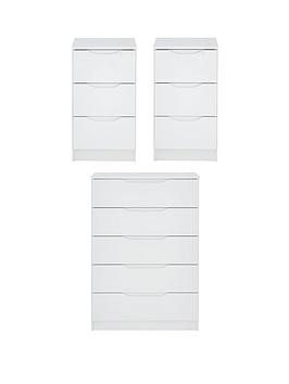Product photograph of One Call Monaco Ready Assembled 3 Piece Gloss Package - 5 Drawer Chest And 2 Bedside Chests from very.co.uk