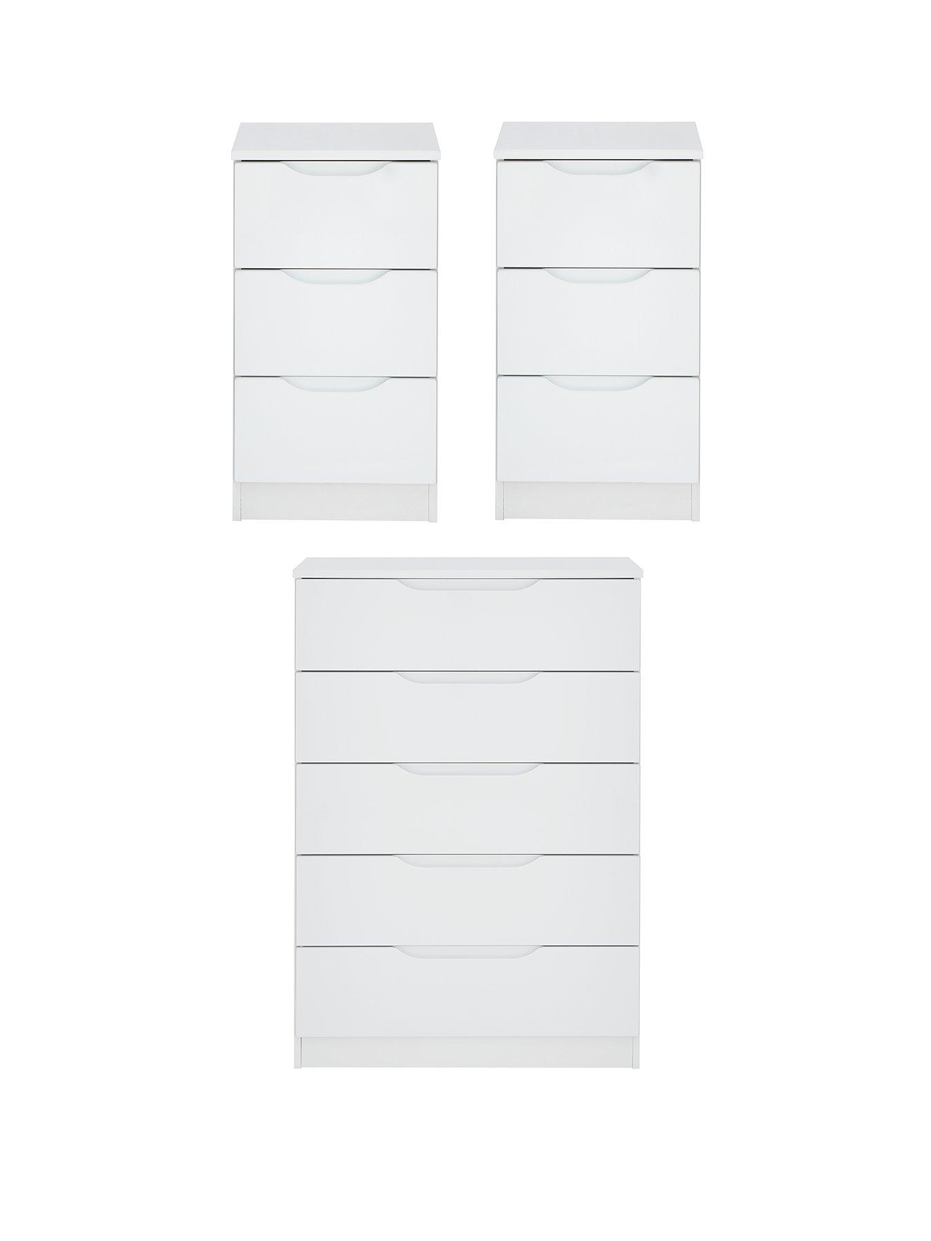 undefined Monaco Ready Assembled 3 Piece Gloss Package - 5 Drawer Chest and 2 Bedside Chests - Express Delivery available
