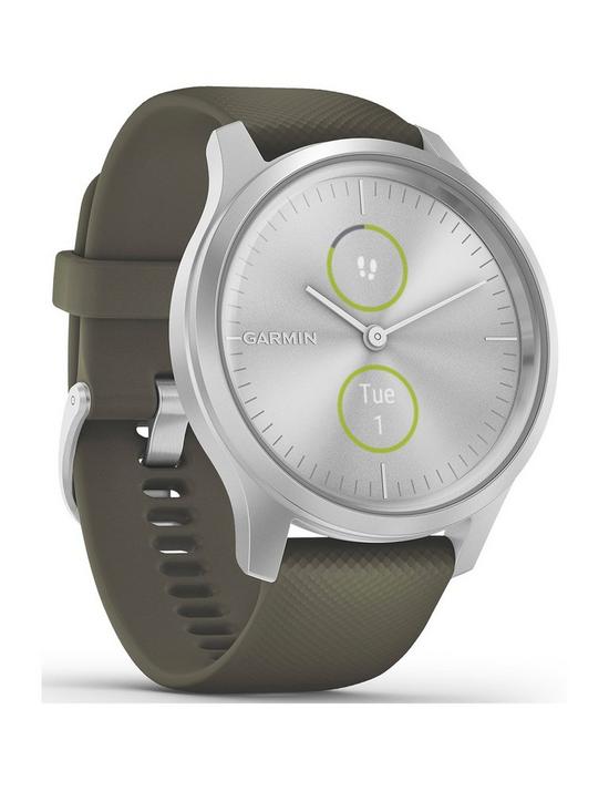 front image of garmin-vivomove-style-hybrid-smartwatch-white-silicone-strap-with-rose-gold-hardware