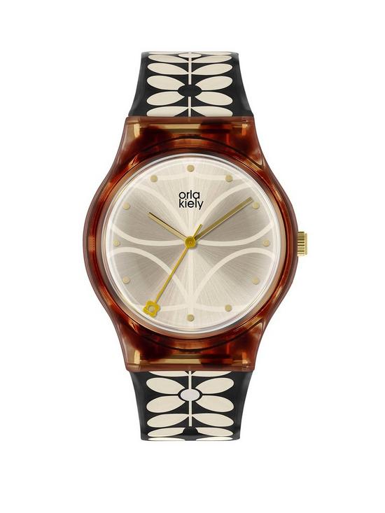 front image of orla-kiely-bobby-champagne-and-tortoise-shell-dial-black-and-white-stem-print-strap-ladies-watch