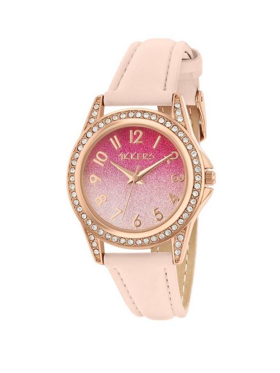front image of tikkers-pink-ombre-glitter-crystal-set-dial-pink-leather-strap-kids-watch