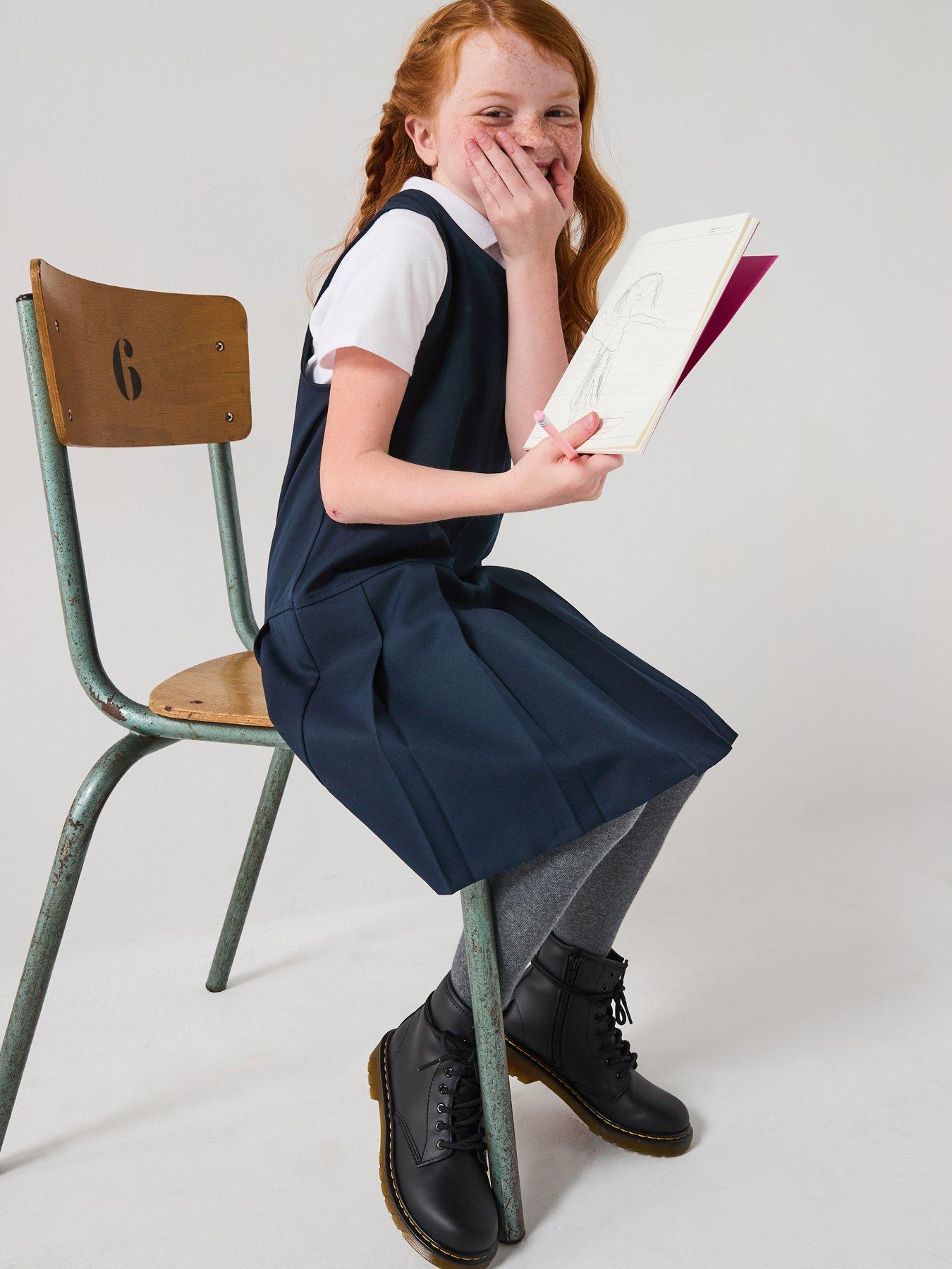 undefined Girls 2 Pack Pleat Pinafore Water-Repellent School Dresses - Navy