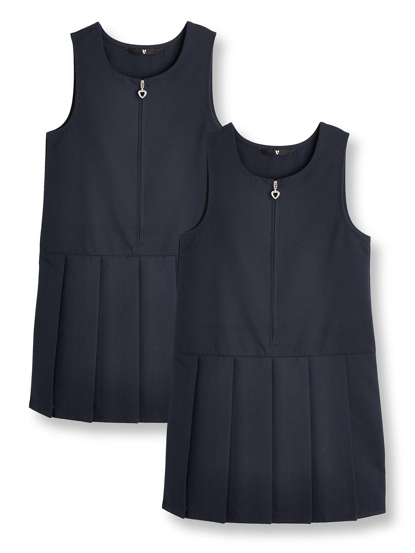 undefined Girls 2 Pack Pleat Pinafore Water-Repellent School Dresses - Navy