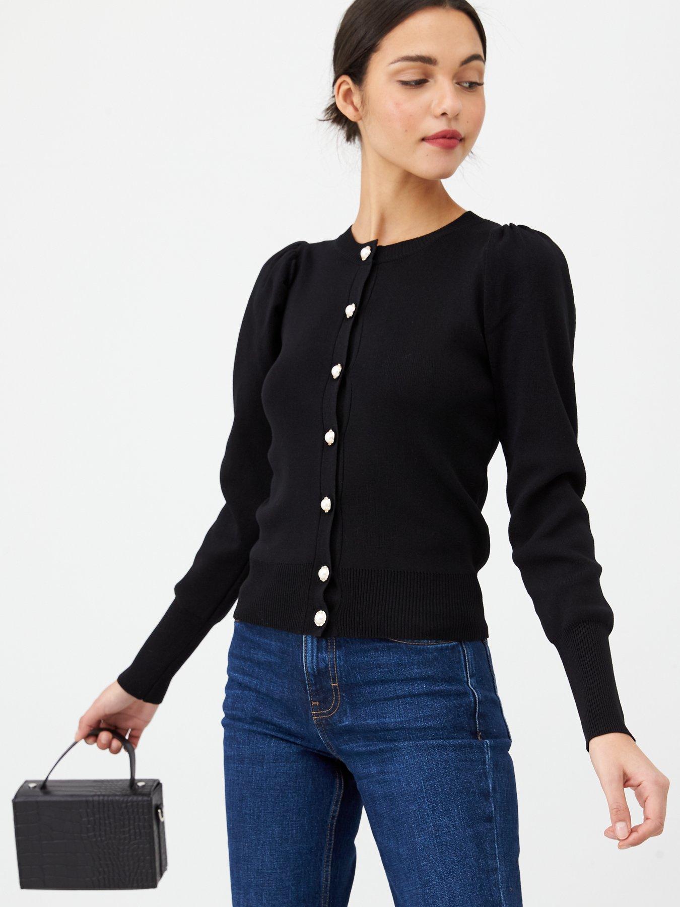 black cardigan puff sleeves
