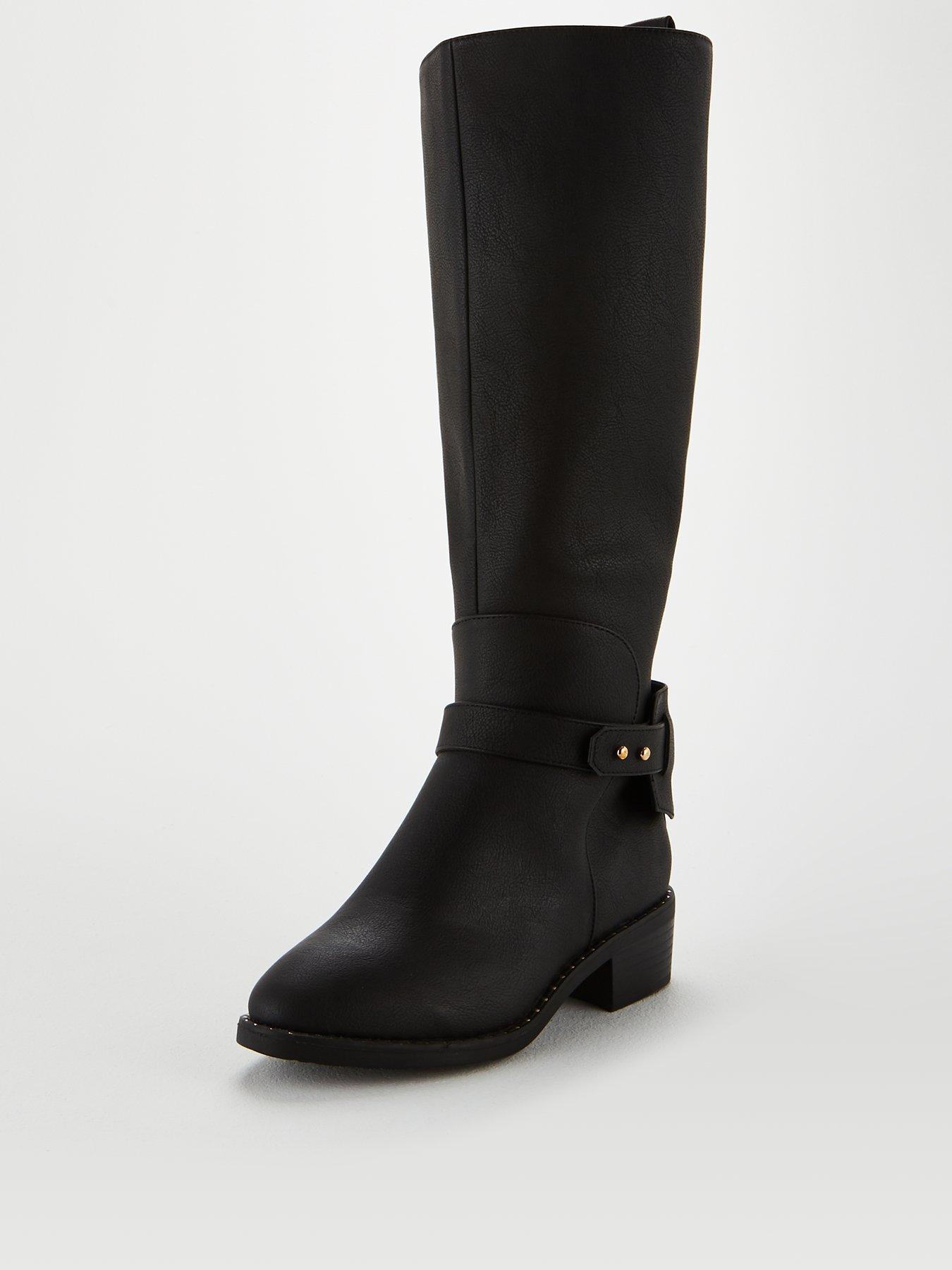 Womens Buckle Strap Round Toe Waterproof Non Slip Chunky Low Heel Zip Up Knee High Boots Zipper