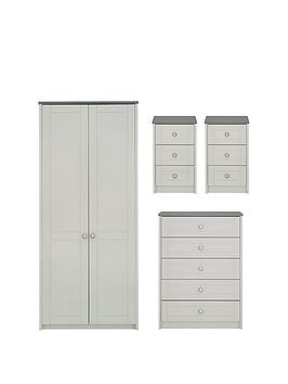 Product photograph of One Call Alderley Ready Assembled 4 Piece Package - 2 Door Wardrobe Chest Of 5 Drawers And 2 Bedside Chests from very.co.uk