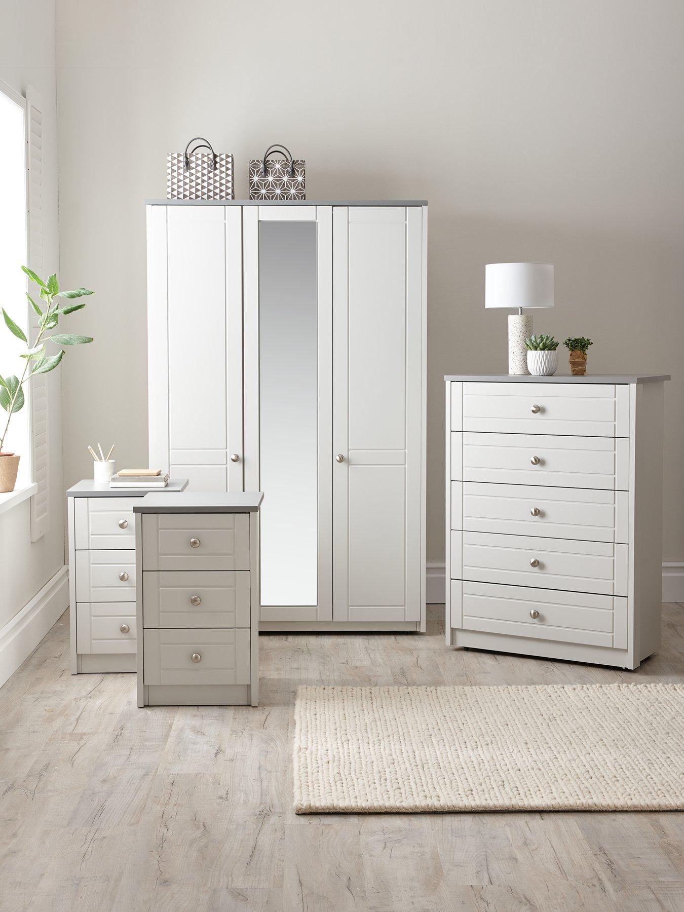 undefined Alderley Part Assembled 4 Piece Package - 3 Door Mirrored Wardrobe, Chest of 5 Drawers and 2 Bedside Chests